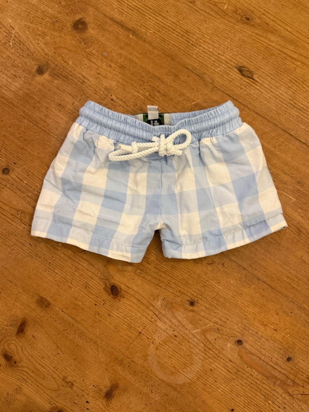Kids Light Blue & White Gingham Swim Trunks